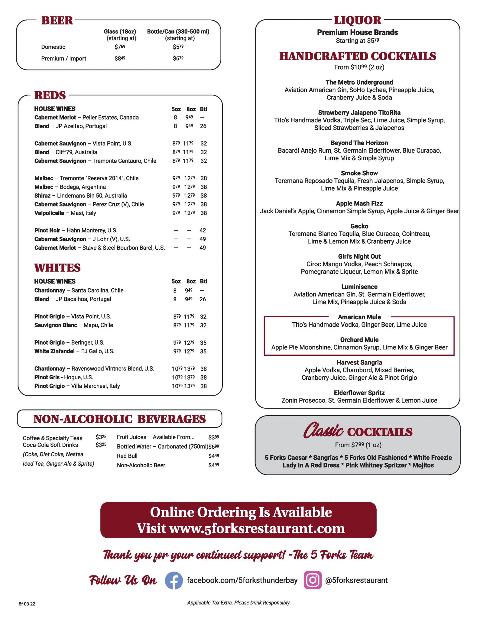 View menu 5 forks restaurant